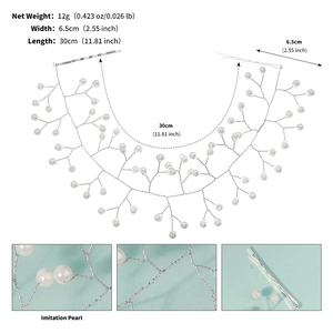 Detail of bridal pearl headband with silver wire branches and sizing specifications