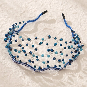 Serre-tête de mariée en cristal bleu fait main avec couronne de perles tissées pour mariage