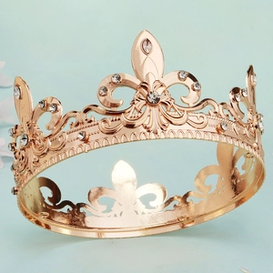 Detailed close-up of rose gold baroque crown with intricate rhinestones and fleur-de-lis