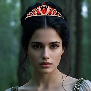 Detailed close-up of golden crown with red rubies on a girl model for princess costume