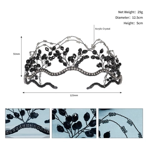 Detail view of handmade black crown tiara with dimensions and acrylic crystal beads