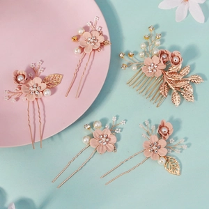 Coffret de 5 accessoires de mariage avec fleurs en tissu rose et feuilles dorées