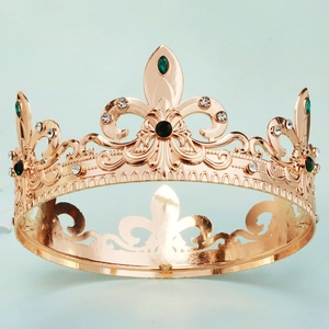 Baroque style gold crown for men with green rhinestones and vintage metal finish