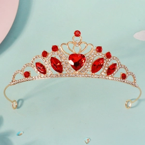Golden princess crown with red heart crystals and rhinestones for birthday parties