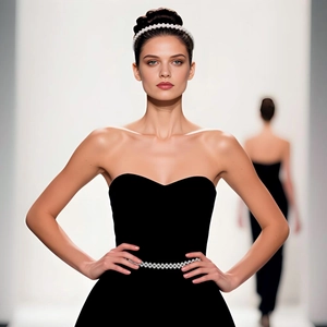 Détail de la chaîne de taille en perles sur une robe de soirée noire à décolleté cœur