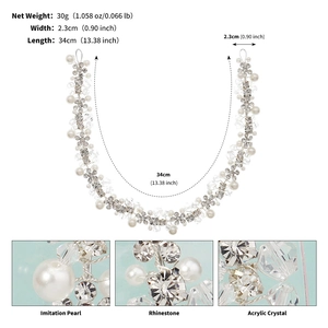Detail view of 34cm silver bridal hair vine with rhinestones and imitation pearls