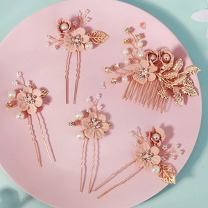 Set d'accessoires de cheveux de mariée dorés vintage avec fleurs roses et perles