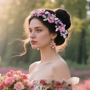 Pink and purple acrylic floral headband with matching pearl earrings for weddings