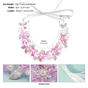 Detail view of pink acrylic flowers and pearls headpiece with size measurements