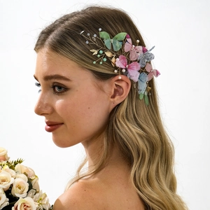 Floral butterfly hair accessory with colorful mesh butterflies, pearls and crystals