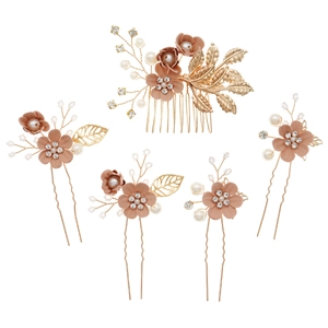 Set de 5 accessoires de coiffure mariée vintage avec feuilles dorées et fleurs rose poudré