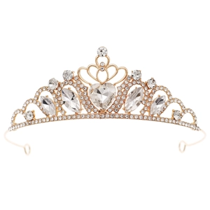 Elegant gold princess tiara with heart crystal and sparkling rhinestones for girls