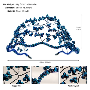 Detail view of woven blue acrylic crystal crown showing product size and copper wire weight