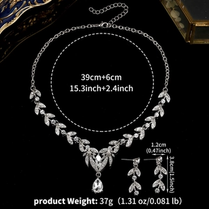 Detailed view of silver bridal jewelry set with dimensions of necklace and earrings