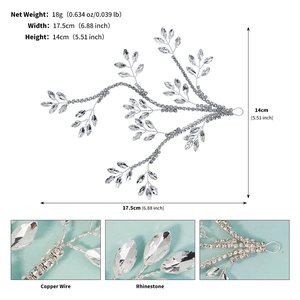 Detailed view of silver branch bridal headband with dimensions and marquise crystal accents