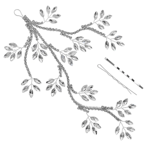 Sparkling bridal rhinestone hair vine with leaf-shaped crystals and wave hairpins on white background