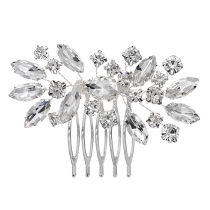 Elegant silver bridal hair comb with sparkling rhinestones and teardrop crystal centerpiece