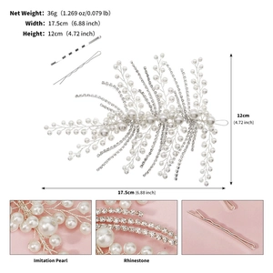 Detailed size chart and close-up of bridal headband with rhinestones and pearls