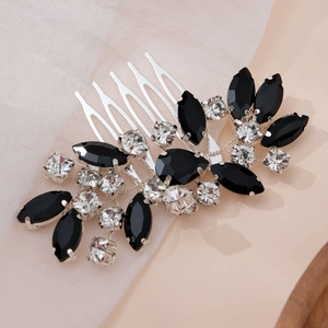 Elegant silver hair comb with black and clear rhinestones for bridal party hairstyles