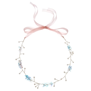 Elegant bridal headband with blue resin butterflies, white pearls and pink silk ribbons