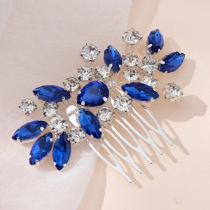 Peigne à cheveux argenté avec strass bleus et cristaux pour coiffures de mariée de luxe