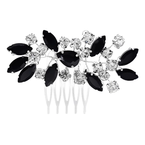 Peigne à cheveux mariée vintage avec tissage en fil d'argent et fleurs en strass noir cristal