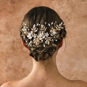 Peigne à Cheveux Mariée Fait Main Or Fleur Feuille Avec Künstliche Perles Strass Cristal Élégant Accessoire de Mariage Femme