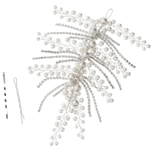 Elegant bridal pearl and rhinestone hair vine with delicate silver wire and feathers