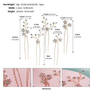 Detailed dimensions of 5-piece rhinestone bridal hair pins set for wedding hairstyling