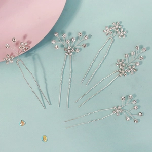 5-piece silver U-shaped bridal hair pins with sparkling crystals and floral branch design