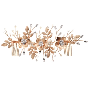 Peigne à cheveux de mariée doré de luxe avec fleurs faites main, perles et strass