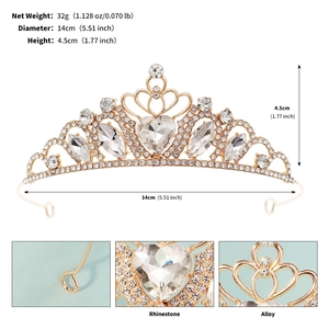 Detail view of rhinestone heart crown showing height, diameter, and polished alloy texture