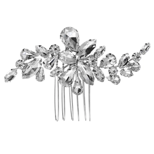 Elegant bridal hair comb with shimmering silver metal leaves and sparkling rhinestones