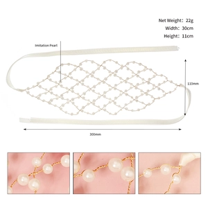 Détail de la coiffe de mariée en résille avec perles tissées et rubans de soie
