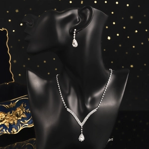 Elegant bridal jewelry set featuring a diamond necklace and pear-shaped droplet earrings