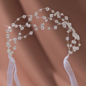 Serre-tête de mariée élégant en cristal tissé main avec fils d'argent et rubans de soie