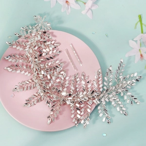 Serre-tête de mariée en argent avec strass brillants et pinces à cheveux assorties