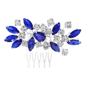 Elegant silver hair comb featuring deep blue rhinestones for bridal and party hairstyles