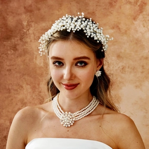 Handmade Bridal Artificial Pearl Hair Vine Wedding Headband Silver Wire Leaf Headpiece White Faux Artificial Pearl Accessories For Women Party