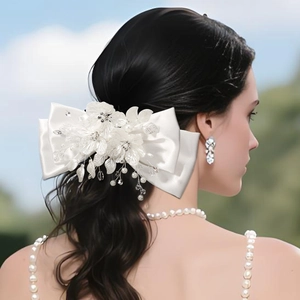 Bridal White Satin Bowknot Floral Hair Clip Handmade Artificial Pearl Rhinestone Duckbill Clip French Wedding Vacation Hair Accessories For Women
