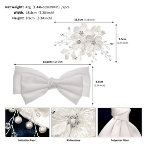 Detailed view of large white satin bow and pearl floral hair clip with dimension specs