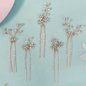 Set of 5 golden bridal hair pins with handcrafted rhinestones and floral branch design
