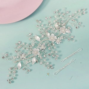 Silver floral bridal headband set with pearls and rhinestones for wedding hair styling