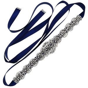 Navy blue bridal sash featuring luxury hand-sewn silver crystal floral appliques