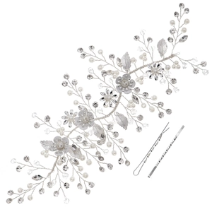 Luxury bridal hair vine set with handmade pearls, crystals, and silver leaves for wedding