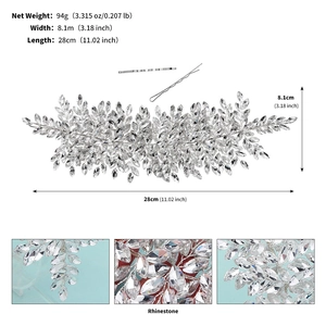 Vue détaillée d'un bandeau de mariée en strass fait main avec dimensions 28cm x 8,1cm