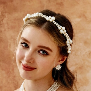 Handmade Artificial Pearl Bridal Hair Band Gold Alloy Wire Woven Headpiece Elegant White Imitation Artificial Pearl Headband For Wedding Party