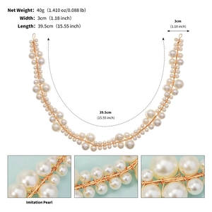 Macro detail of white imitation pearls and hand-woven gold wire bridal headband