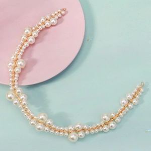 Handmade bridal headband with white pearls and gold wire for wedding dress accessories