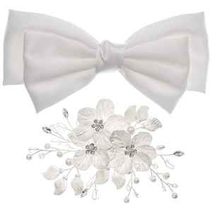 Elegant white satin bow hair clip with acrylic flower pearls for women hair styling